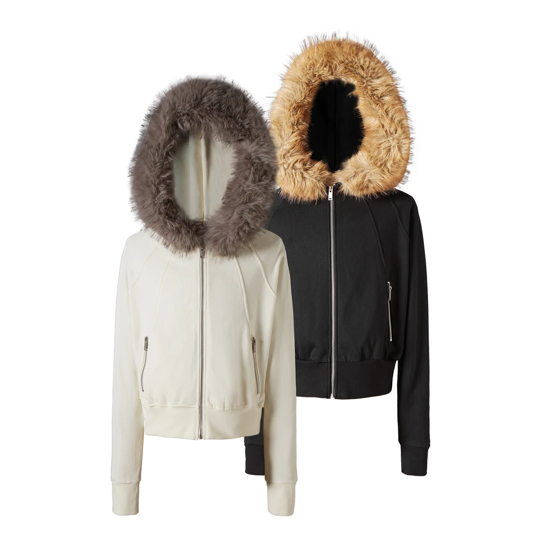 KARMANISTIC 美式复古毛领连帽拉链外套男女冬季修身保暖显瘦上衣