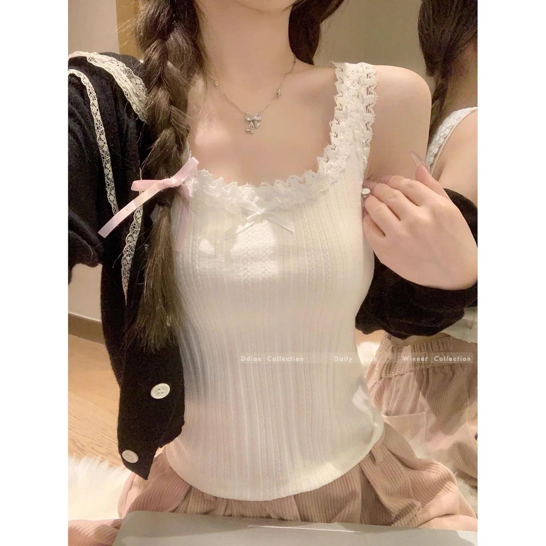 miu系蕾丝蝴蝶结花边u领吊带背心女春夏纯欲bm风内搭打底美背上衣