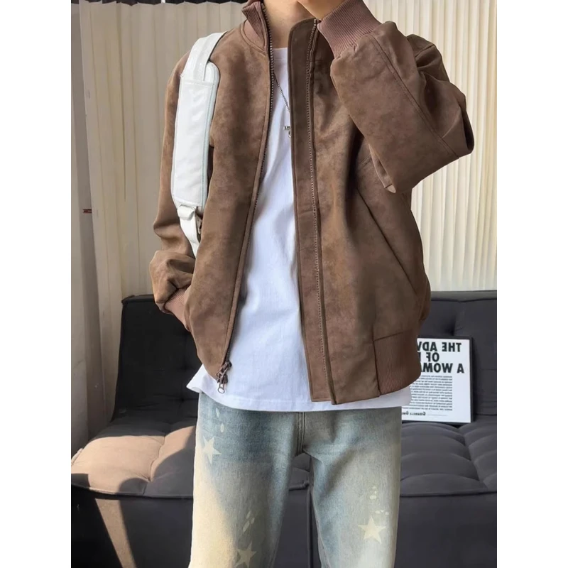 美拉德咖色短款皮衣外套男秋季痞帅立领机车服美式立领飞行员夹克