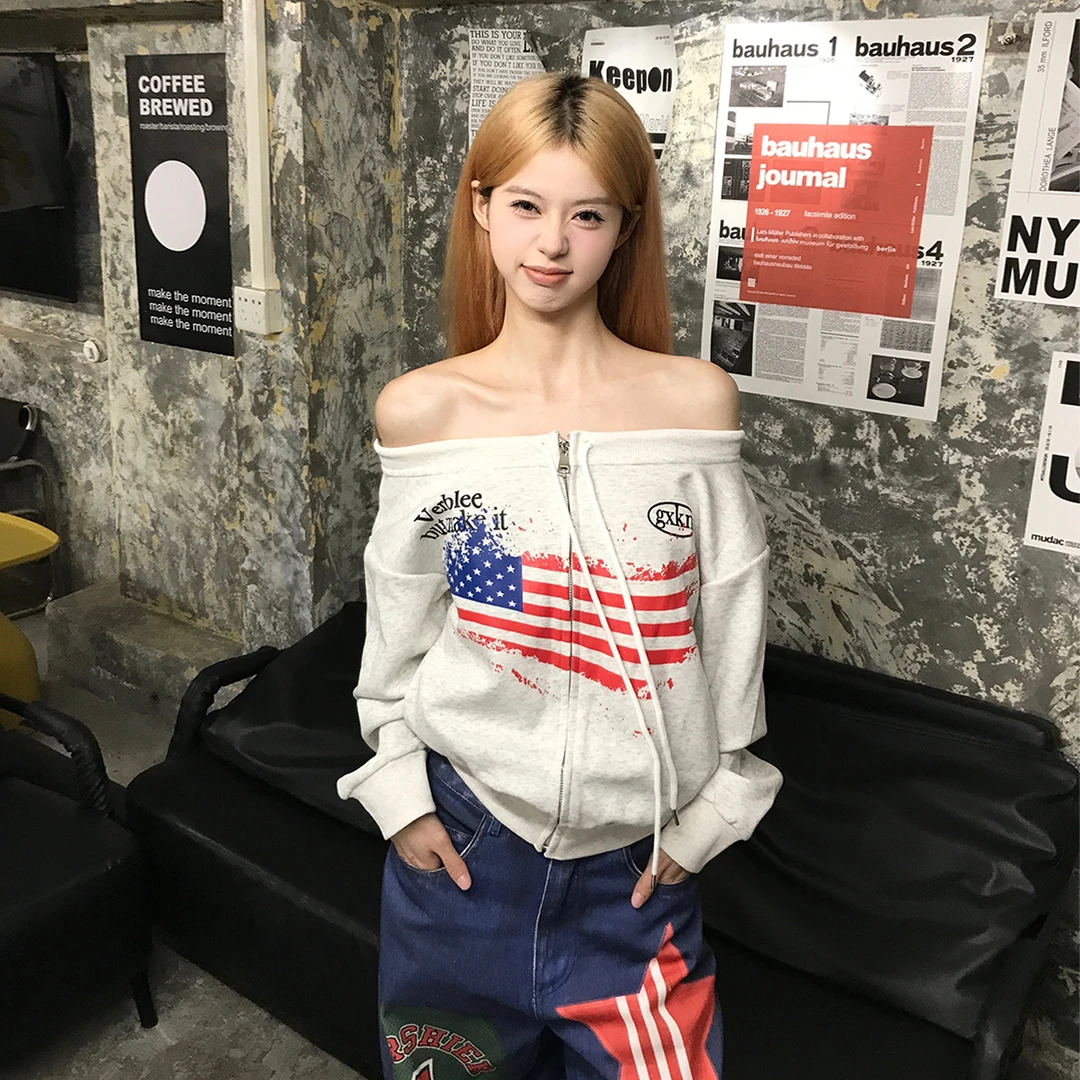 Holocene美式百搭星星斜肩拉链长袖卫衣外套女2025秋季新款A6957