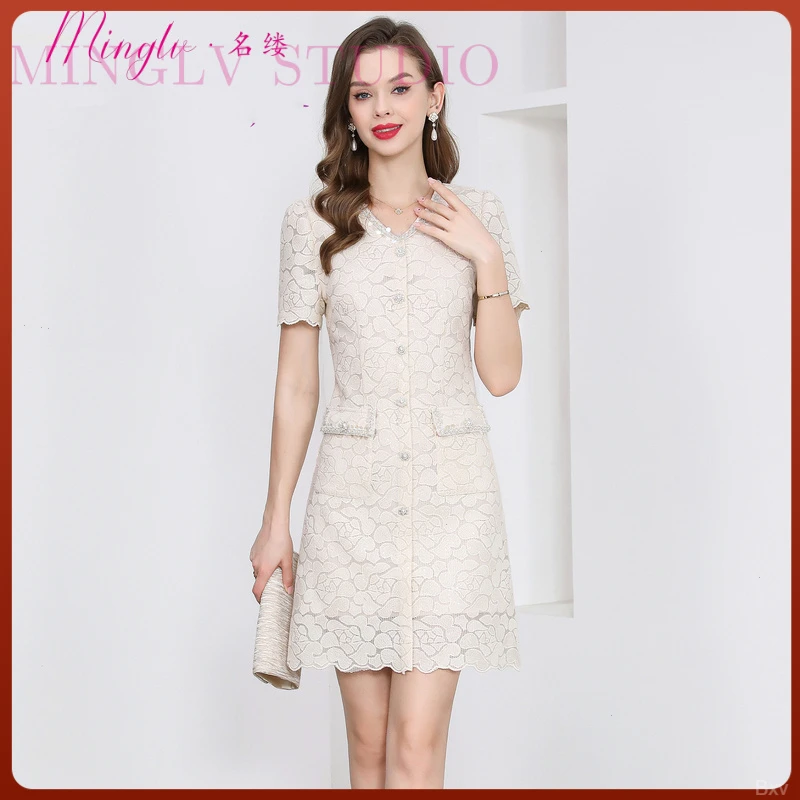 高端显瘦名媛法式连衣裙女士气质经典夏季新款高级感蕾丝日常可穿