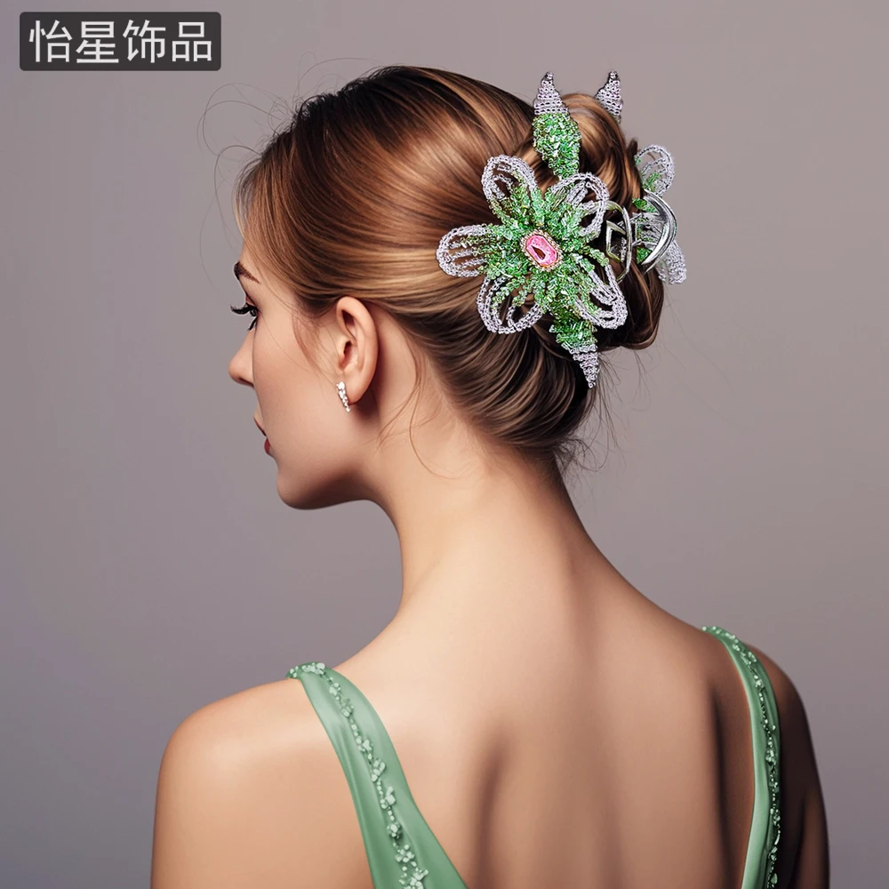 怡星清新花朵抓夹韩版绿色手工编织优雅百搭发饰时尚可爱造型A195