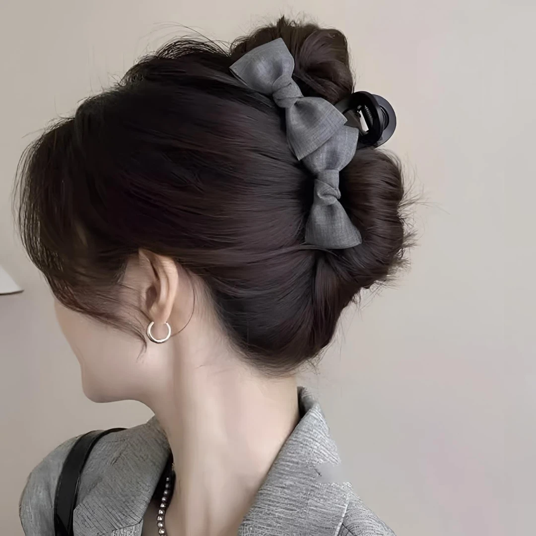 法式高级感灰色布艺双蝴蝶结抓夹大号早春气质时尚盘发鲨鱼夹