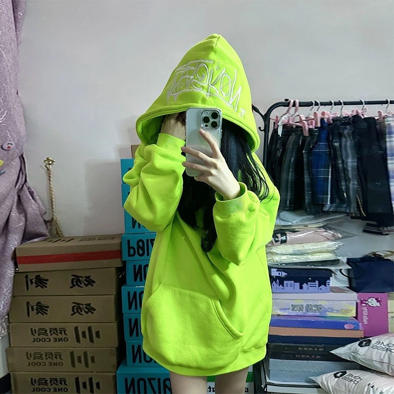 美式慵懒风加绒加厚连帽卫衣女秋冬季设计感字母刺绣宽松外套上衣