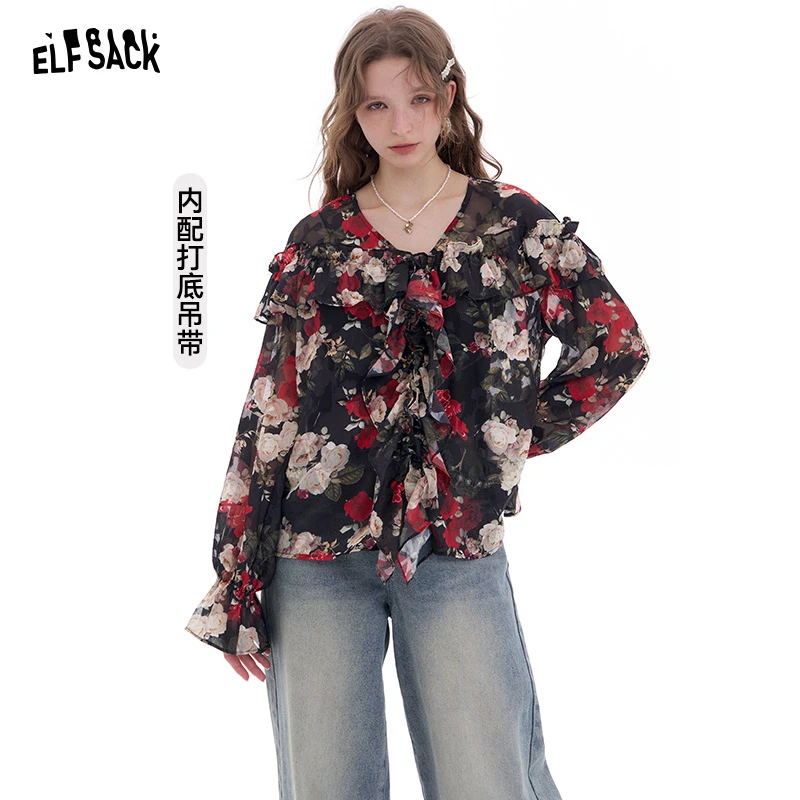 妖精的口袋巴黎野玫瑰法式荷叶边V领雪纺衫2025春气质25107001