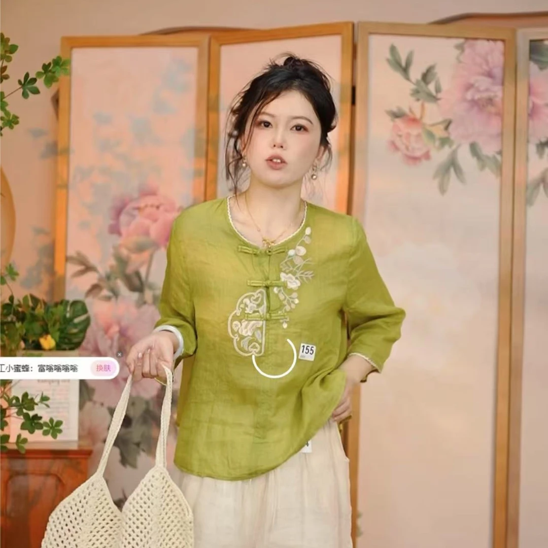 5922 国风中式圆领盘扣刺绣苎麻衬衫女2025夏季新款百搭女装上衣