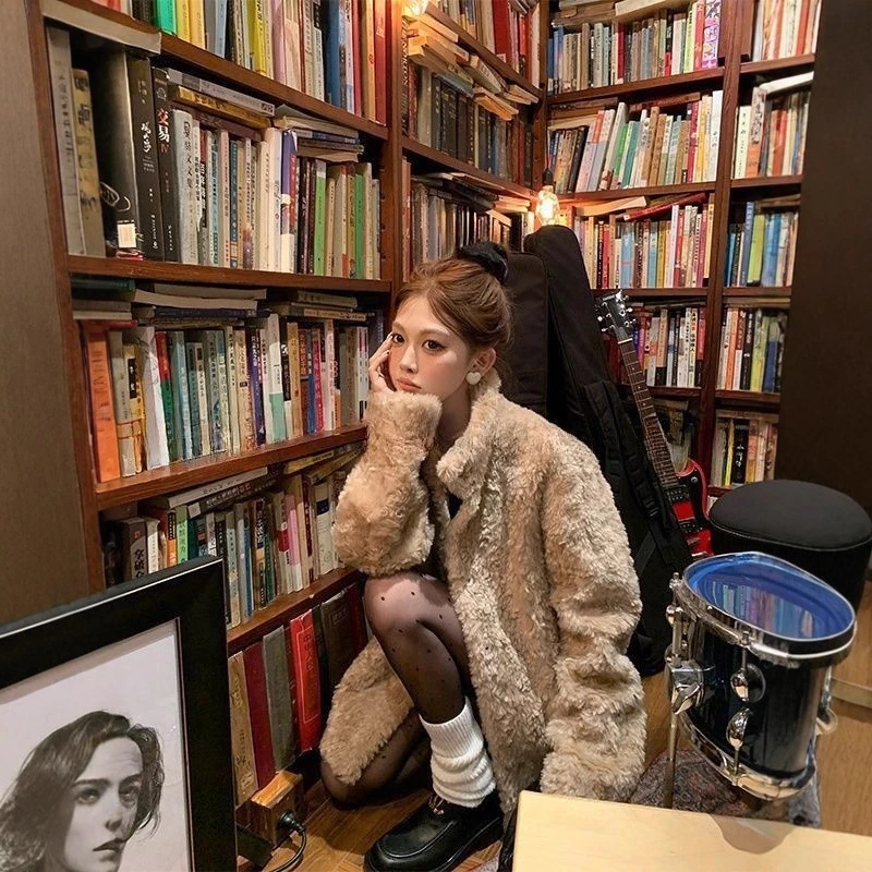 人造皮草 羊羔毛外套女秋冬季2025奶茶啵啵慵懒外套仿皮草外套