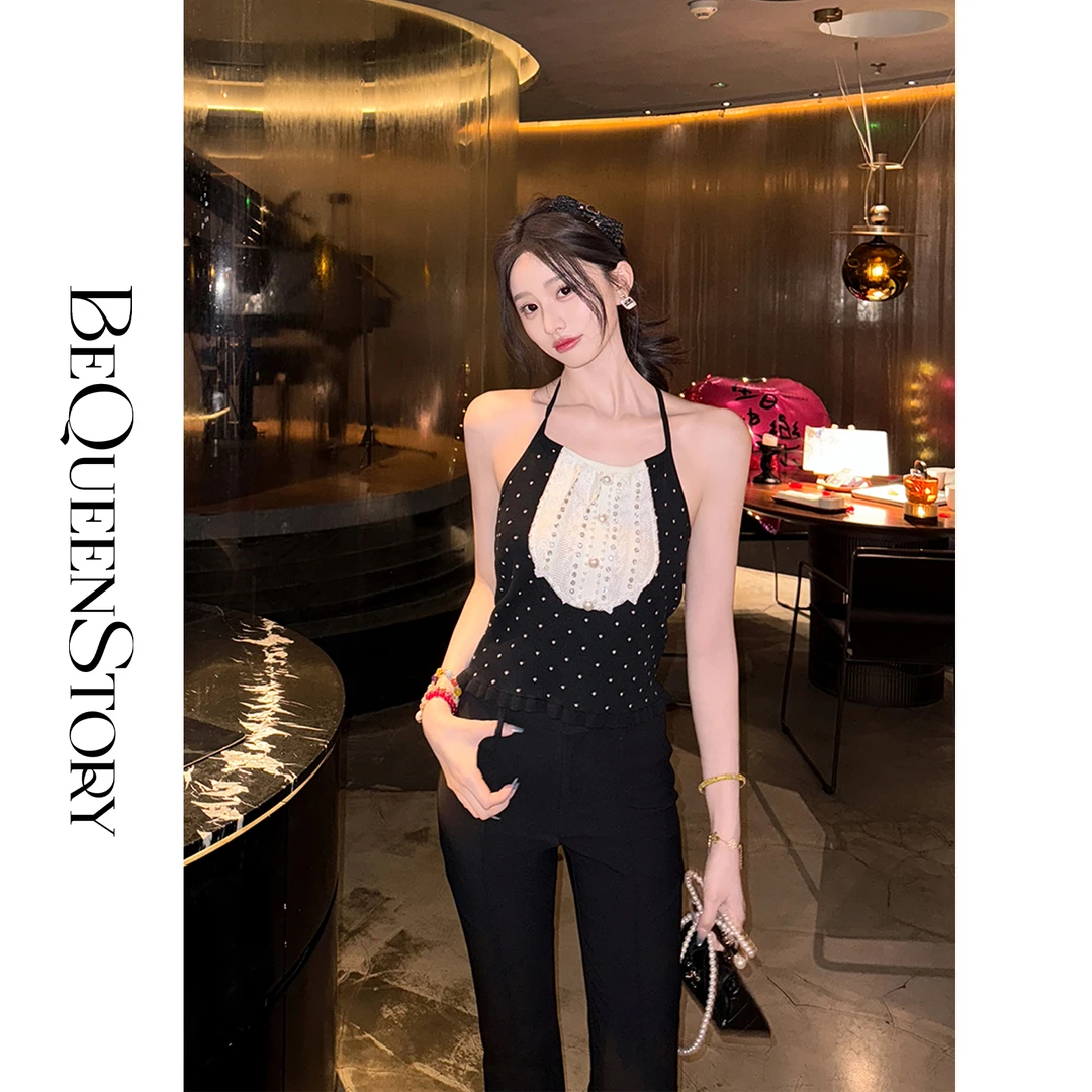 韩韩IU【西西里少女】时尚精致黑白撞色系带挂脖美背背心夏季新款