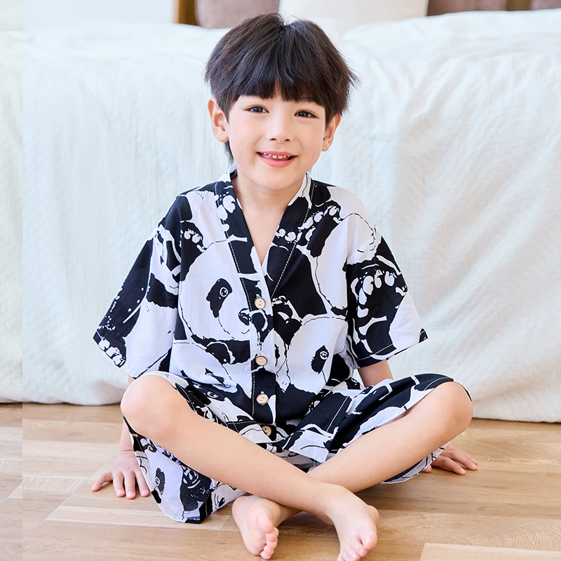 夏季儿童薄款绵绸男童短袖睡衣女童宝宝棉绸空调家居服套装