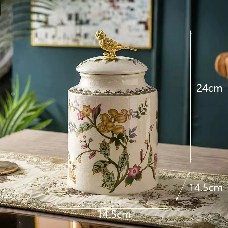 1990美式手绘冰裂纹喜鹊大号储物罐摆件