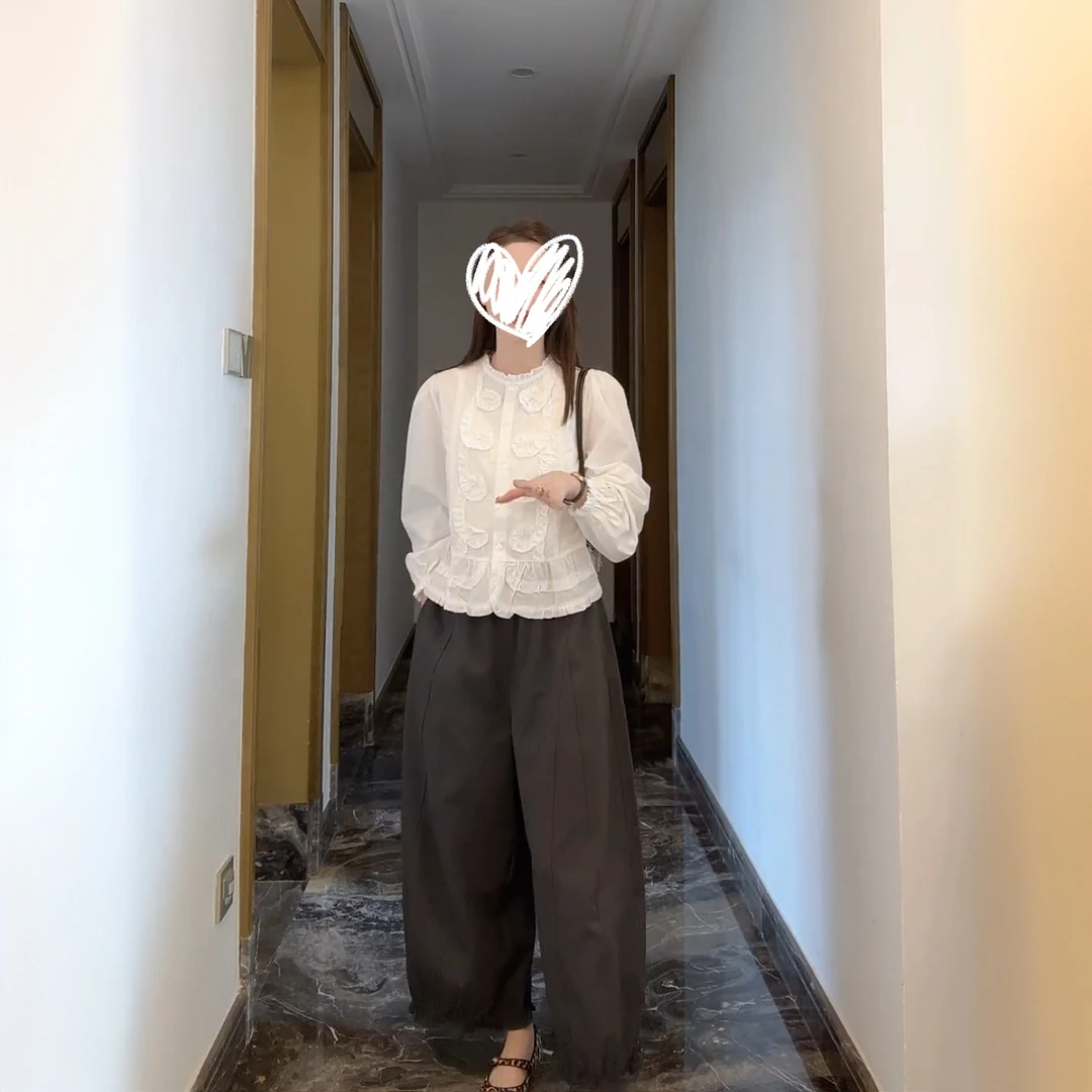 秋季时尚百搭法式复古重工衬衫上衣休闲山本风松紧腰弯刀裤两件套