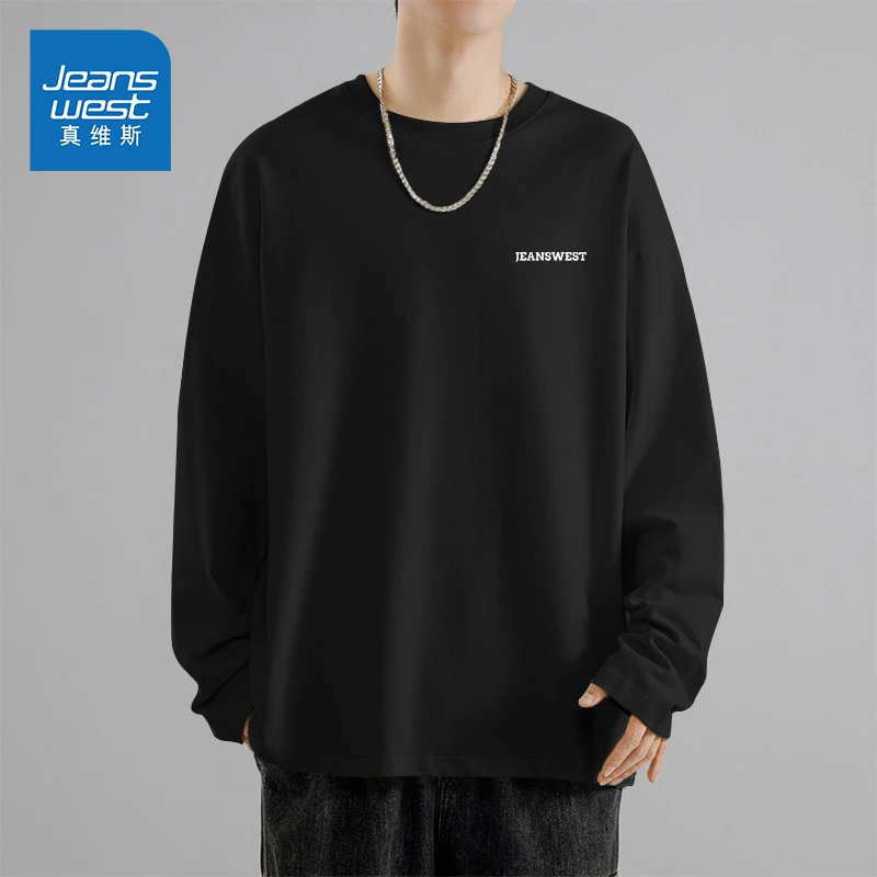 真维斯 美式t恤男秋季复古字母印花长袖上衣青少年日常通勤休闲衫