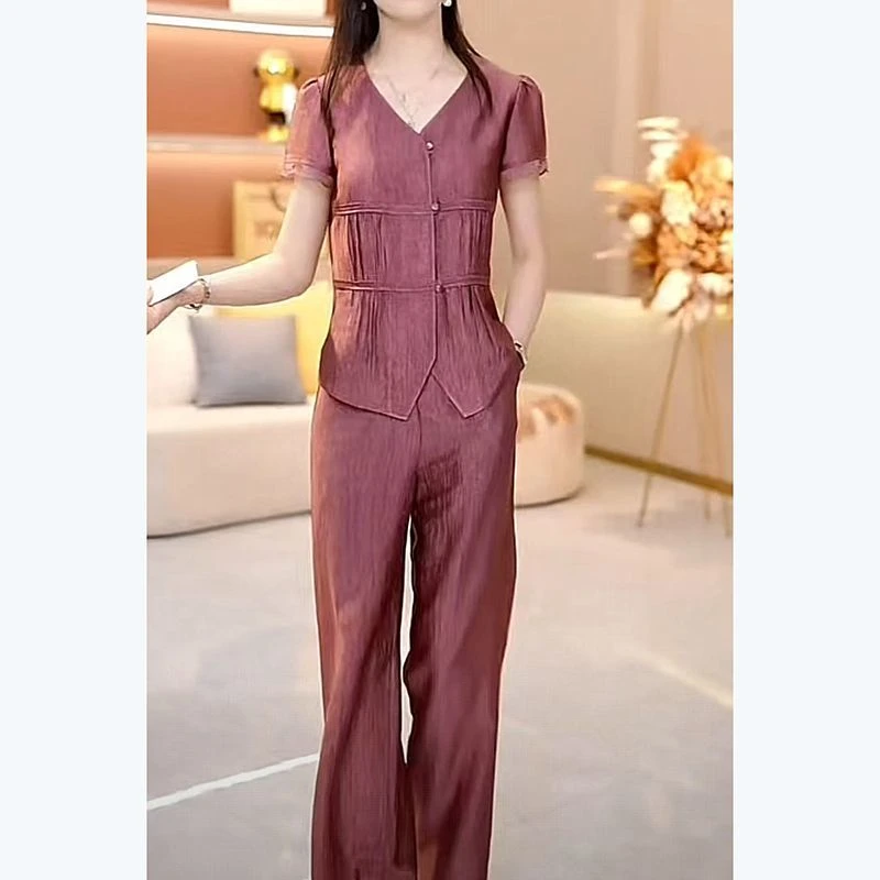 气质短袖夏季妈妈新款2025夏上衣阔腿裤时尚套装两件套显瘦