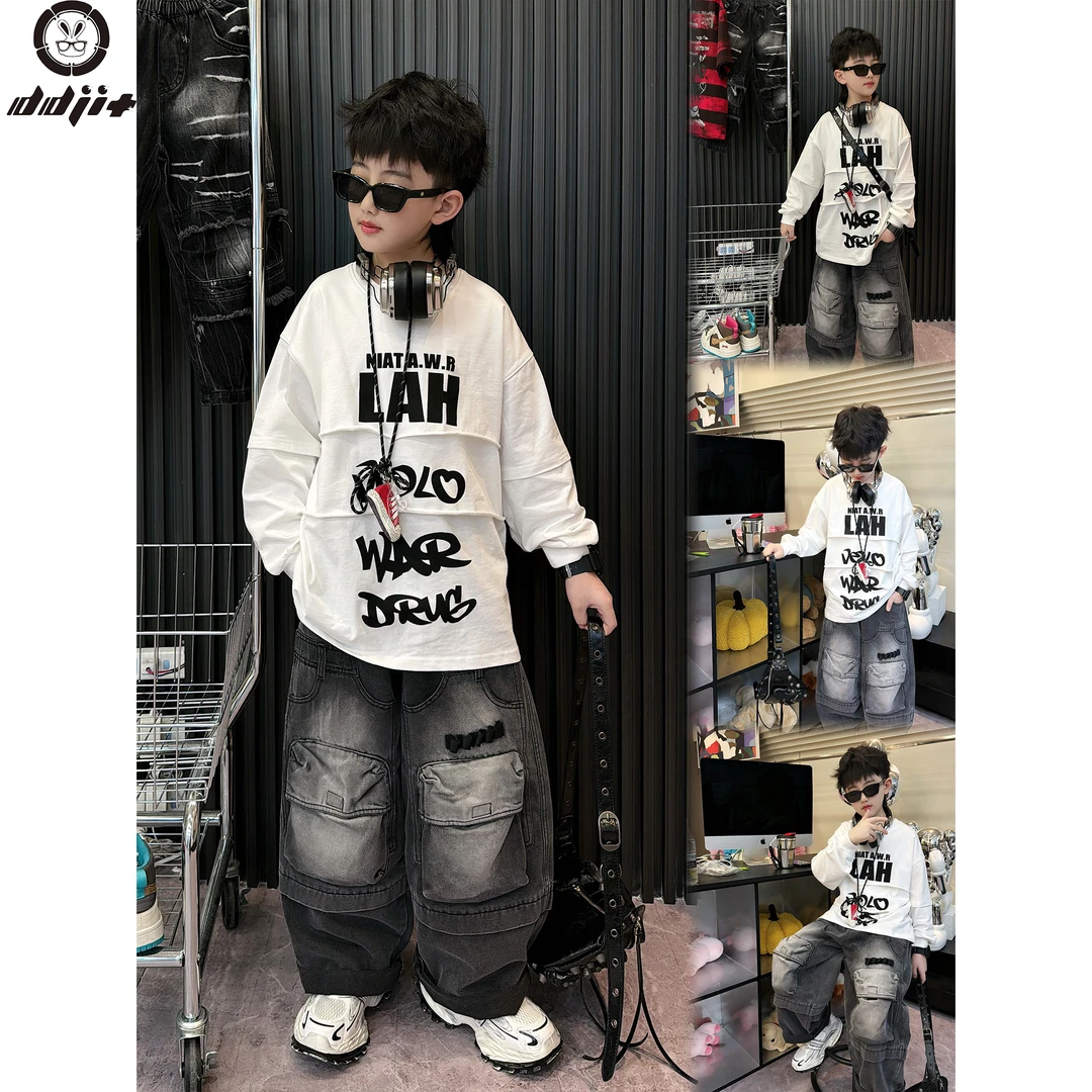 蛋蛋家【层层叠叠】春款时尚街头男童白色层层叠叠字母印花长袖T恤