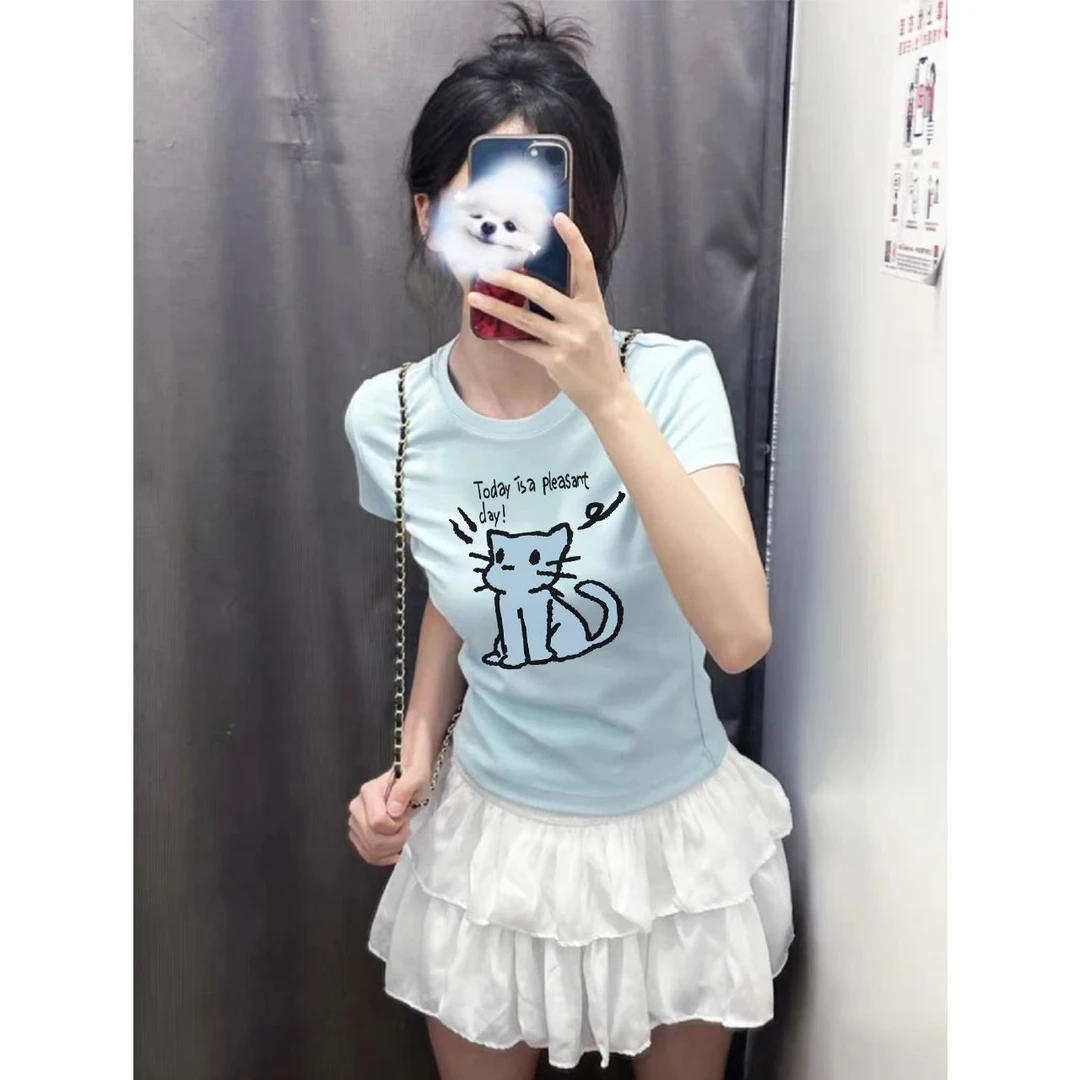 爆款白色小猫百搭正肩短袖圆领T恤夏季奶呼呼甜妹韩版显瘦上衣女