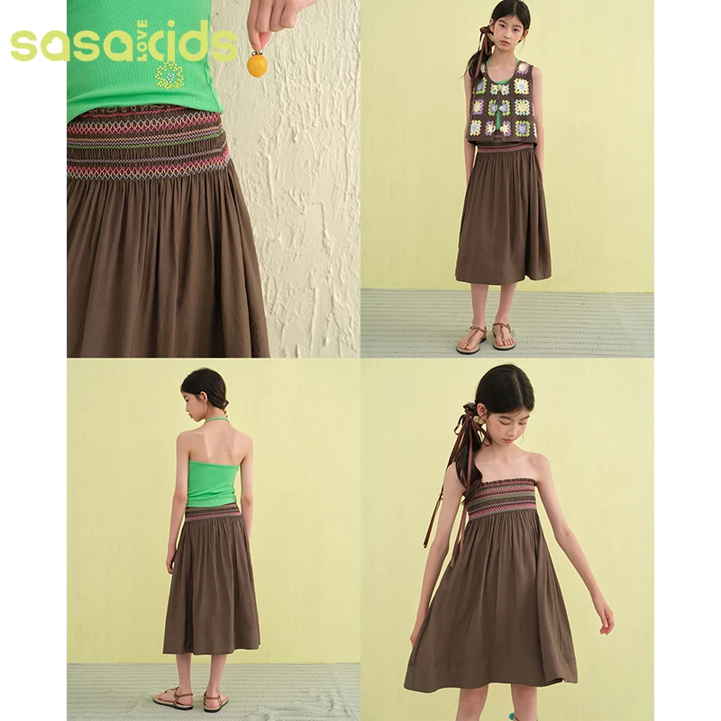 sasakids【椰壳酥】彩色两穿式打揽抽褶设计松紧A字腰伞摆半裙