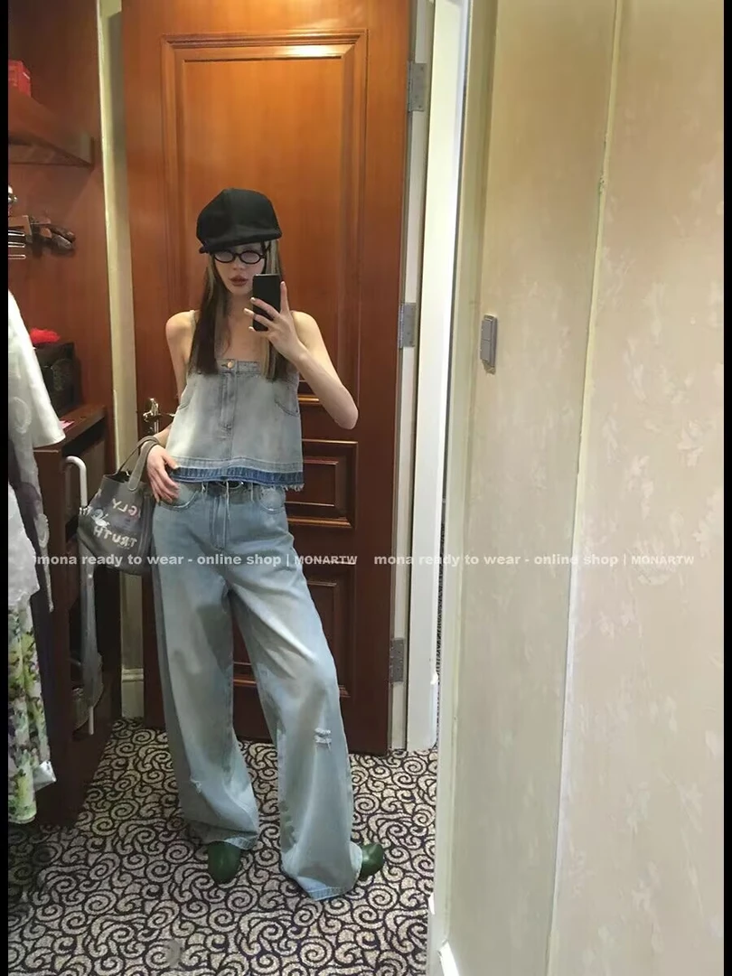 MONA 复古气质减龄 牛仔吊带背心上衣中腰裤子女小个子2025新款