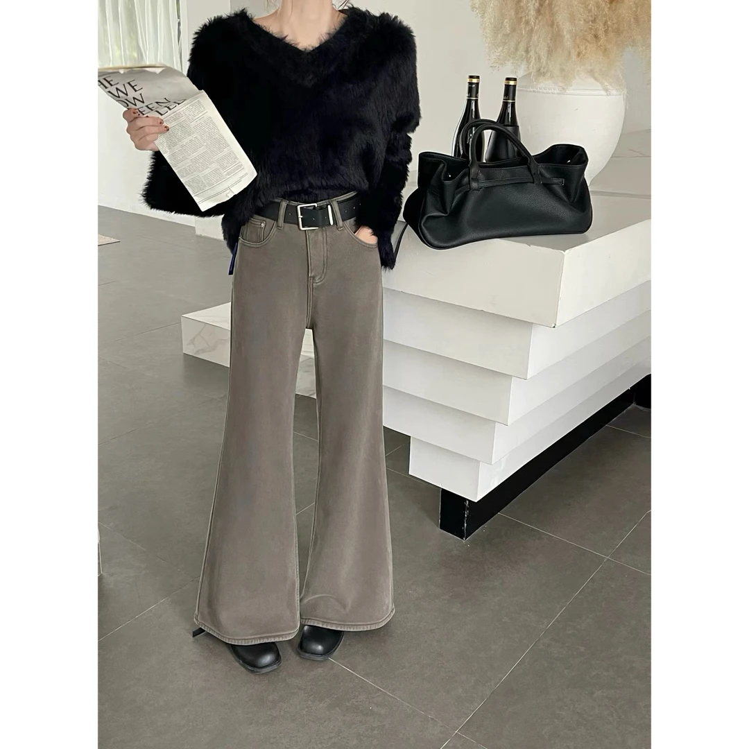 韩系高腰微喇牛仔裤显瘦百搭复合绒（卡灰色）