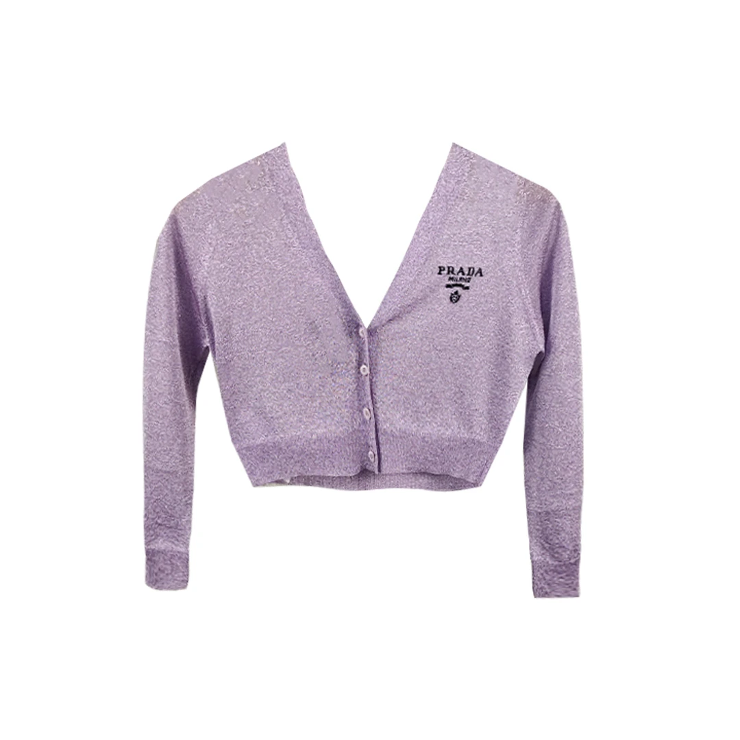 全新未使用 Prada/普拉达 紫色银丝线混纺短款针织开衫38 7917859