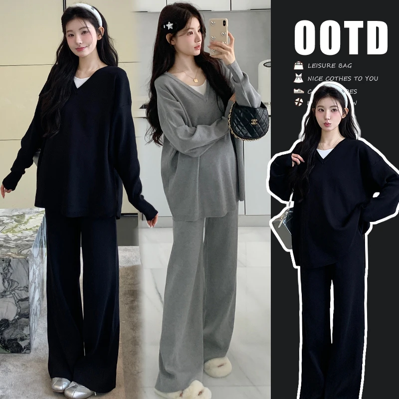 时髦孕妇装新款秋装假两件设计感新款套装慵懒风时尚春秋款两件套
