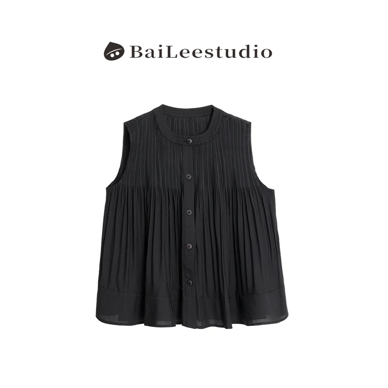 【柏栗良品】夏季新品~法式风全褶皱无袖显瘦A摆纯色百搭衬衣10400