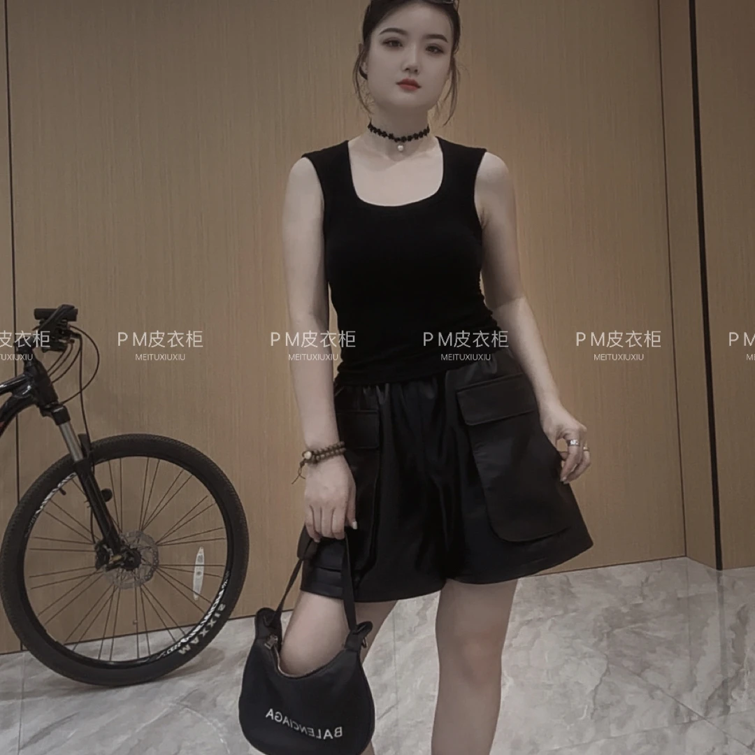 P M 2025/FW秋冬款真皮短裤高腰辣妹风阔腿皮裤