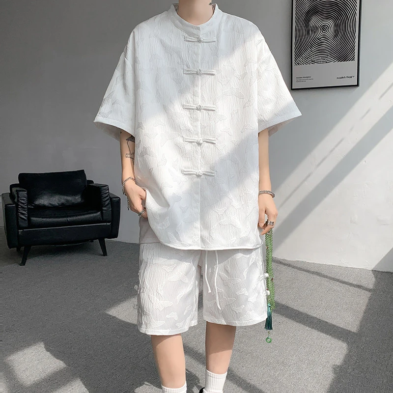 新中式国风套装男夏季痞帅高级感休闲冰丝衬衫短袖短裤唐装两件套