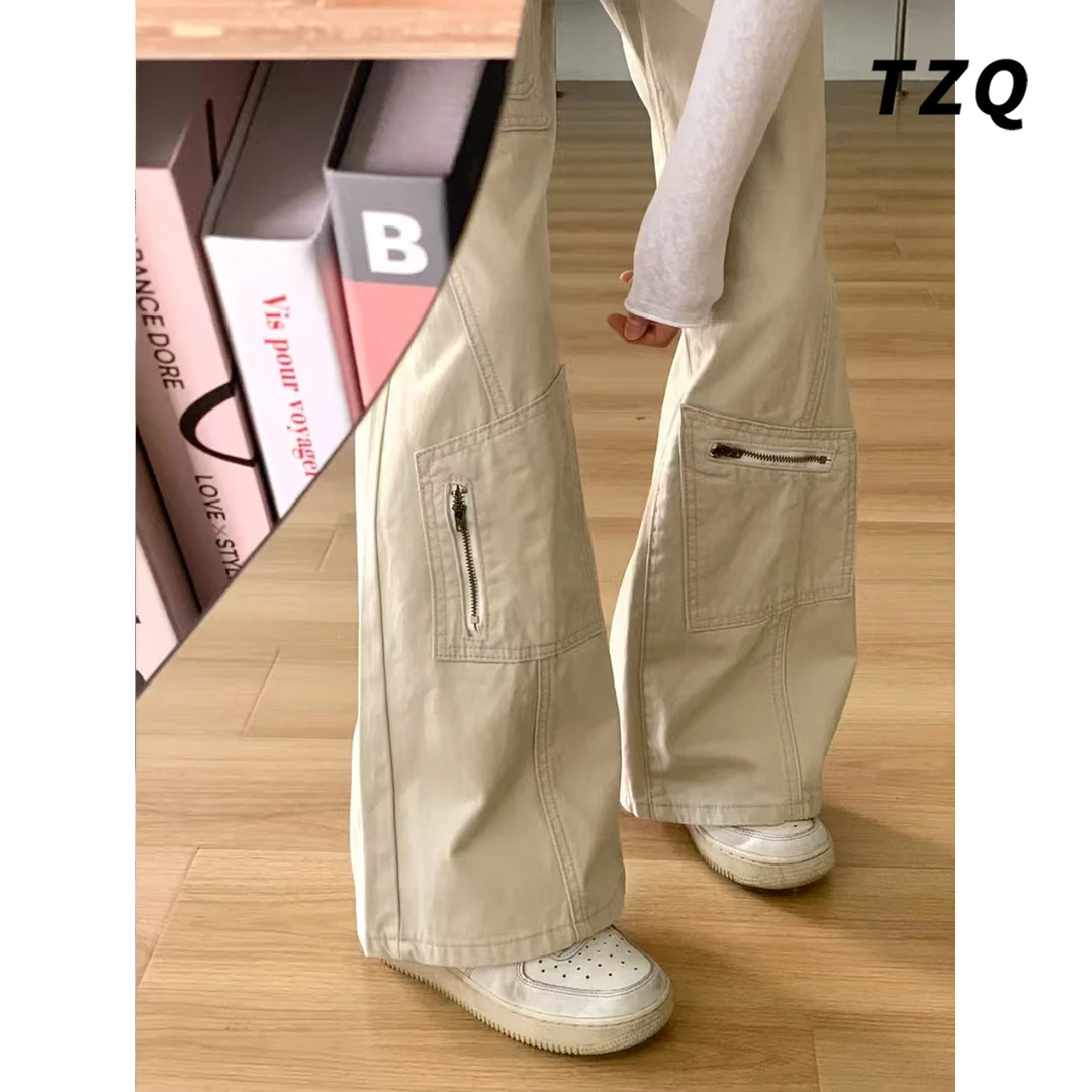 美式多口袋工装牛仔裤女春季新款小个子高腰显瘦阔腿裤TZQ2521502