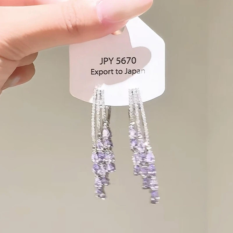 铜合金耳饰 爆闪紫色锆石水滴流苏耳环女轻奢小众高级清冷感耳饰