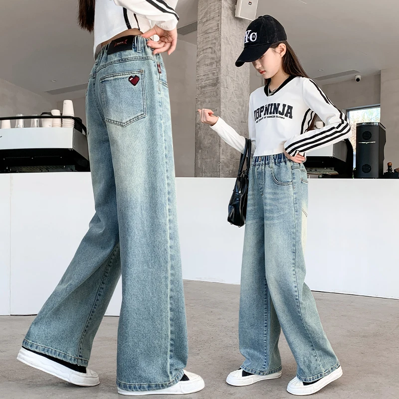 女童阔腿牛仔裤春秋2025新款儿童春季休闲直筒裤大童宽松裤子潮