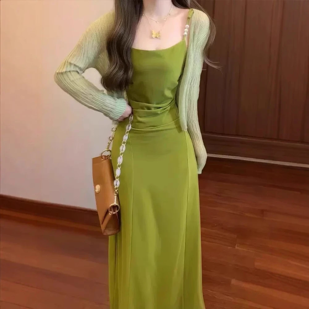 套装女2025新款法式多巴胺绝美复古绿色吊带连衣裙子外搭披肩开衫