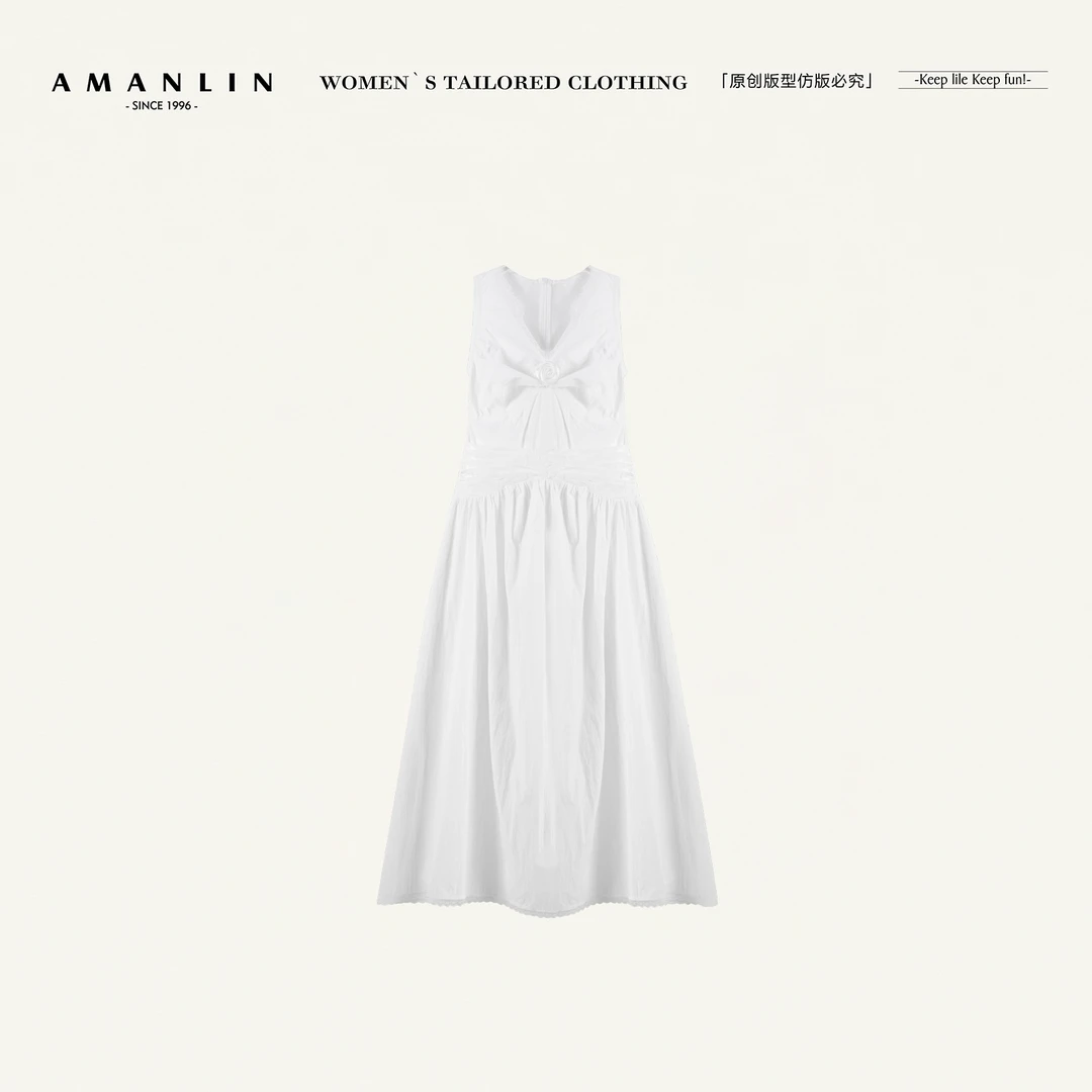 AMANLIN/阿谩琳欧若风蕾丝无袖百搭纯色立体花朵连衣裙Y596065