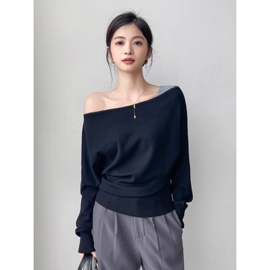 斜肩黑色打底衫女2025新款秋装一字肩针织外穿长袖内搭上衣高级感