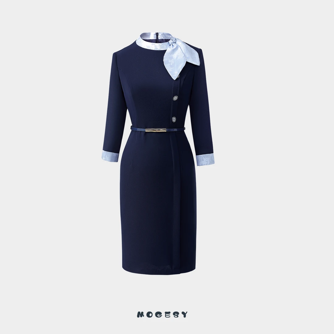 职业连衣裙女夏七分袖气质修身收腰珠宝店商场导购酒店接待工作服