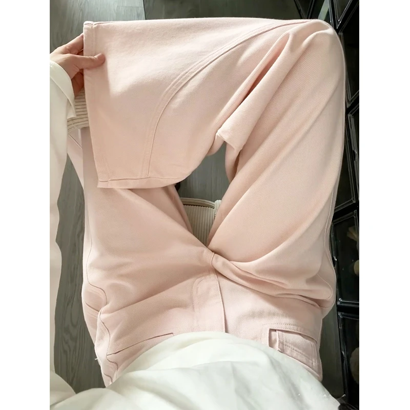 粉色弯刀牛仔裤女高腰秋季2025年新款慵懒风宽松显瘦阔腿镰刀裤子