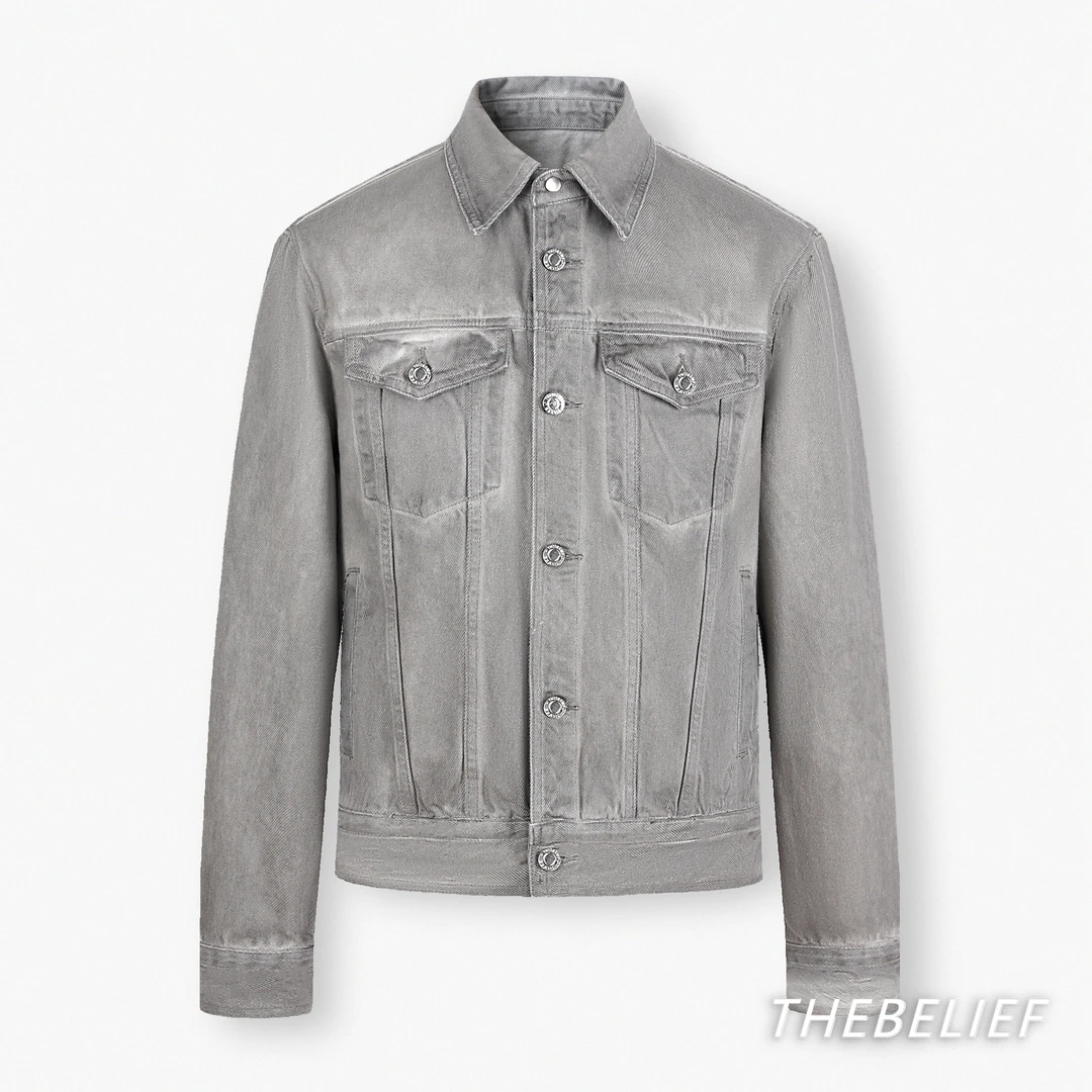 THEBELIEF/23542秋冬轻奢重磅成衣染做旧炒色水泥灰牛仔夹克外套