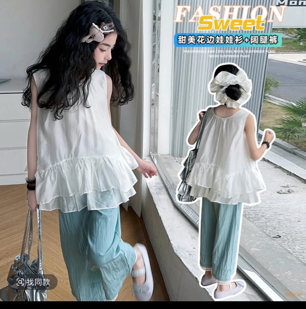 甜美新款女童夏裤套装花边两件套中大童直筒长裤潮范可爱