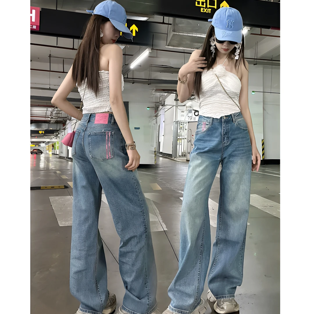 新款浅蓝色个性显腿长直筒裤