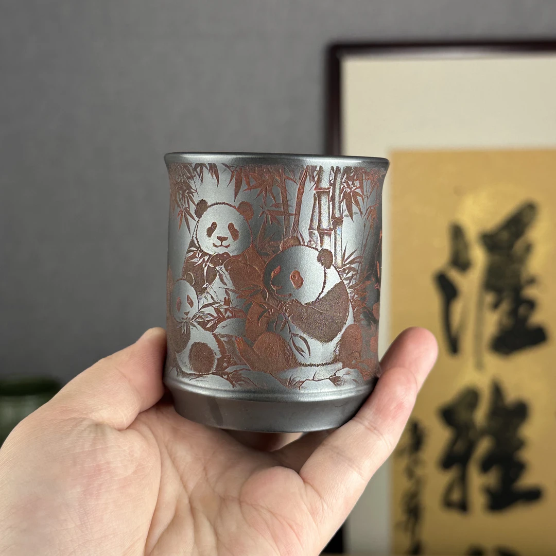 【汇雅馆】宜兴原矿紫砂石黄竹节主人杯刻绘熊猫大容量茶杯高档茶具