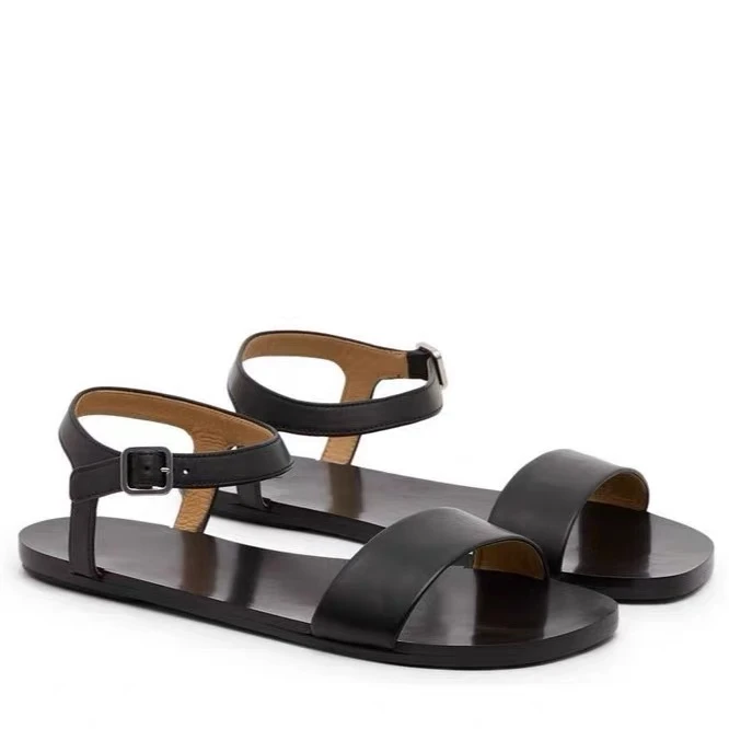 【真皮大底】夏季镂空平底鞋一字扣罗马凉鞋薄底沙滩鞋黑色露趾鞋女