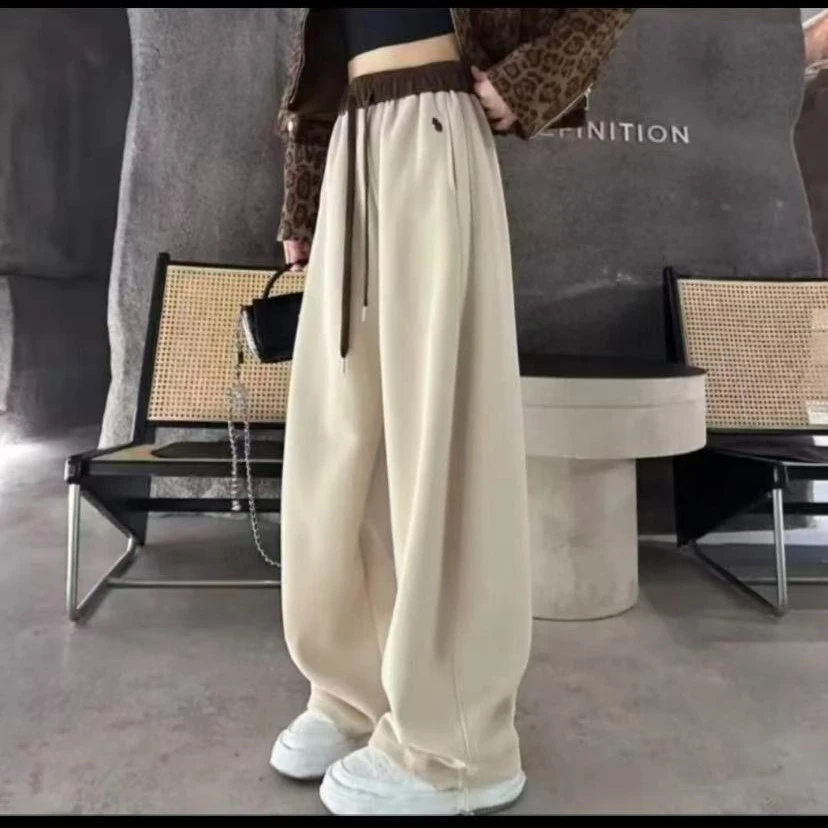 2025韩版秋冬阔腿裤显瘦高腰运动裤宽松休闲裤慵懒风卫裤刺绣口袋