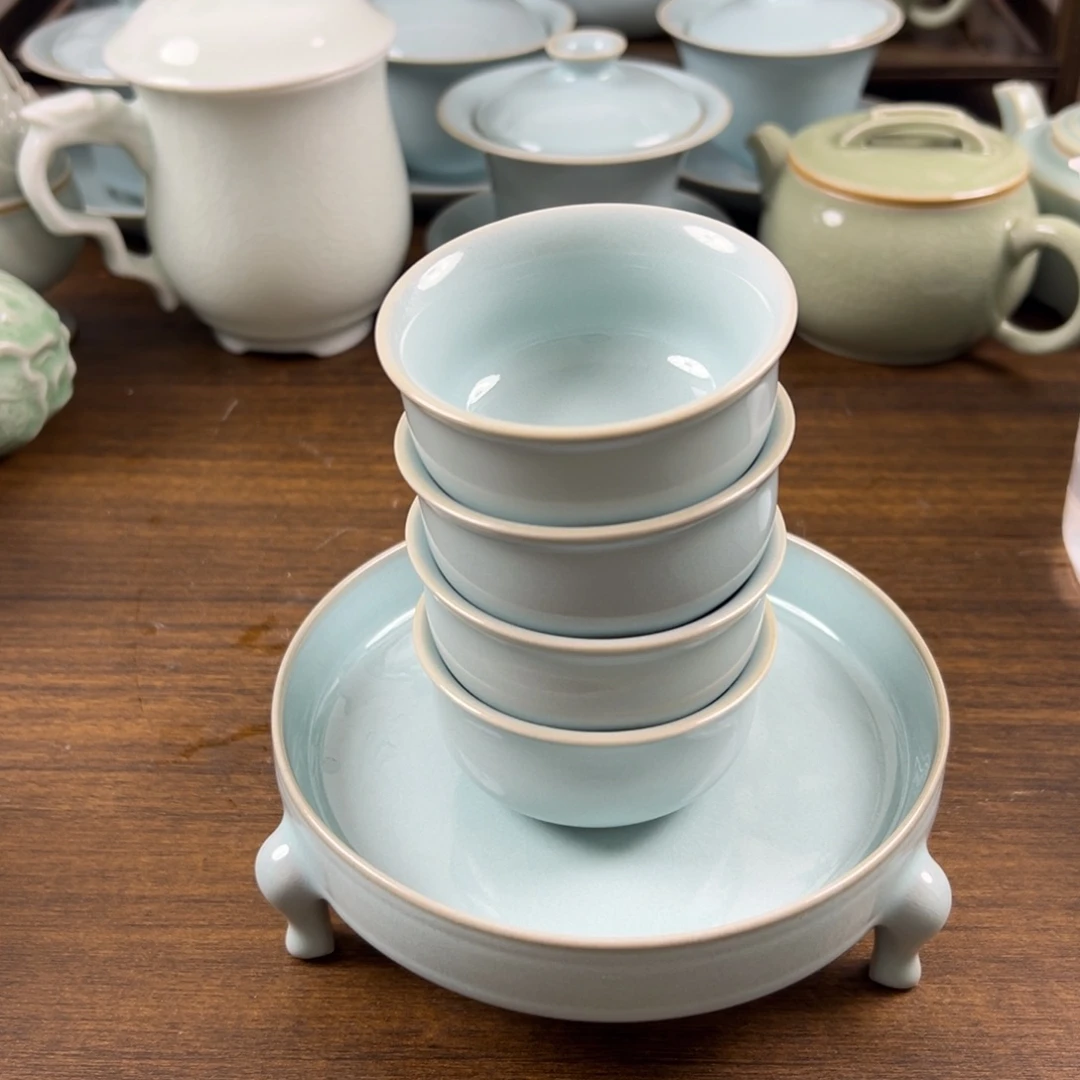 昱***林摆件瓷天青釉水观月杯四个