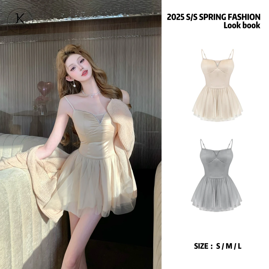 【JOYKIKI 清清!】【曼舞之夜】春季法式气质网纱拼接连衣裙 J25A104