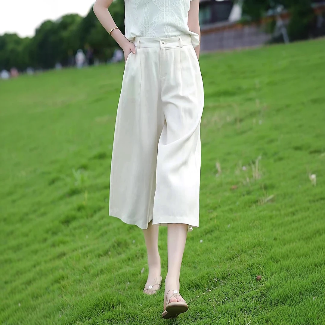 亚麻阔腿裤宽松慵懒风女夏薄款2025新款七分裤高腰职业休闲西装裤