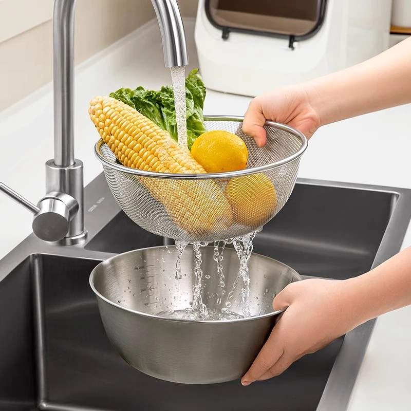 【全网底价】刻度盆厨房不锈钢沥水篮家用漏盆沥水两件套米筛淘米盆