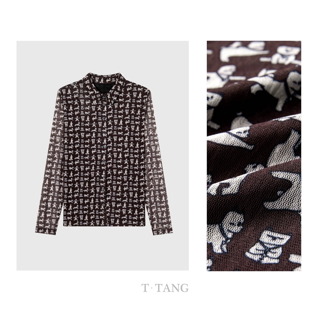 秋季新款70D麻纱水印印花时尚气质休闲百搭显瘦长袖衬衫【7335】