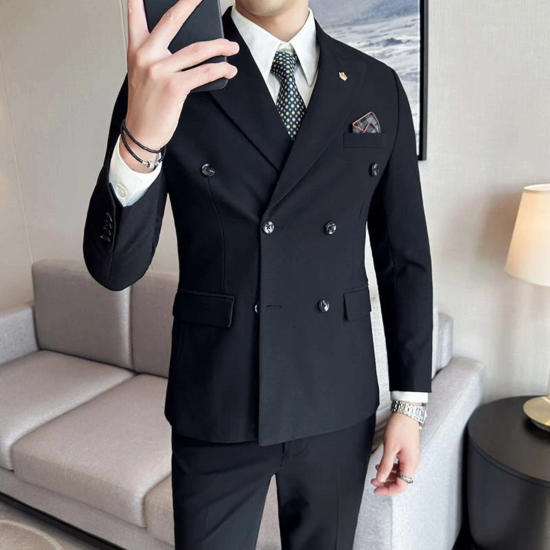 男士秋冬纯色高端西服套装结婚商务西服套装男双排扣西装西服定制
