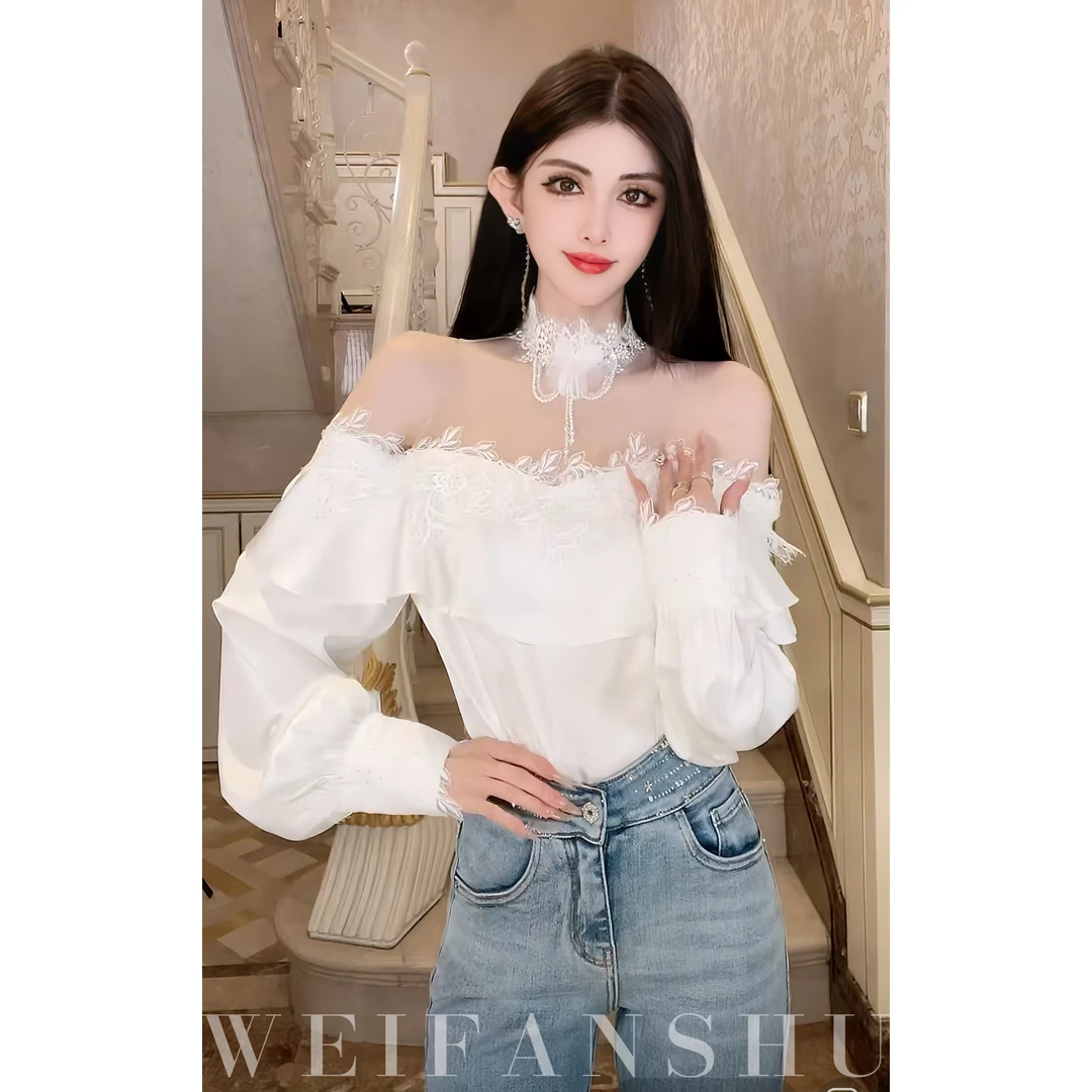 WEIFANSHU/魏凡舒【白茶玫瑰】早春新款法式高级一字肩气质优雅上衣