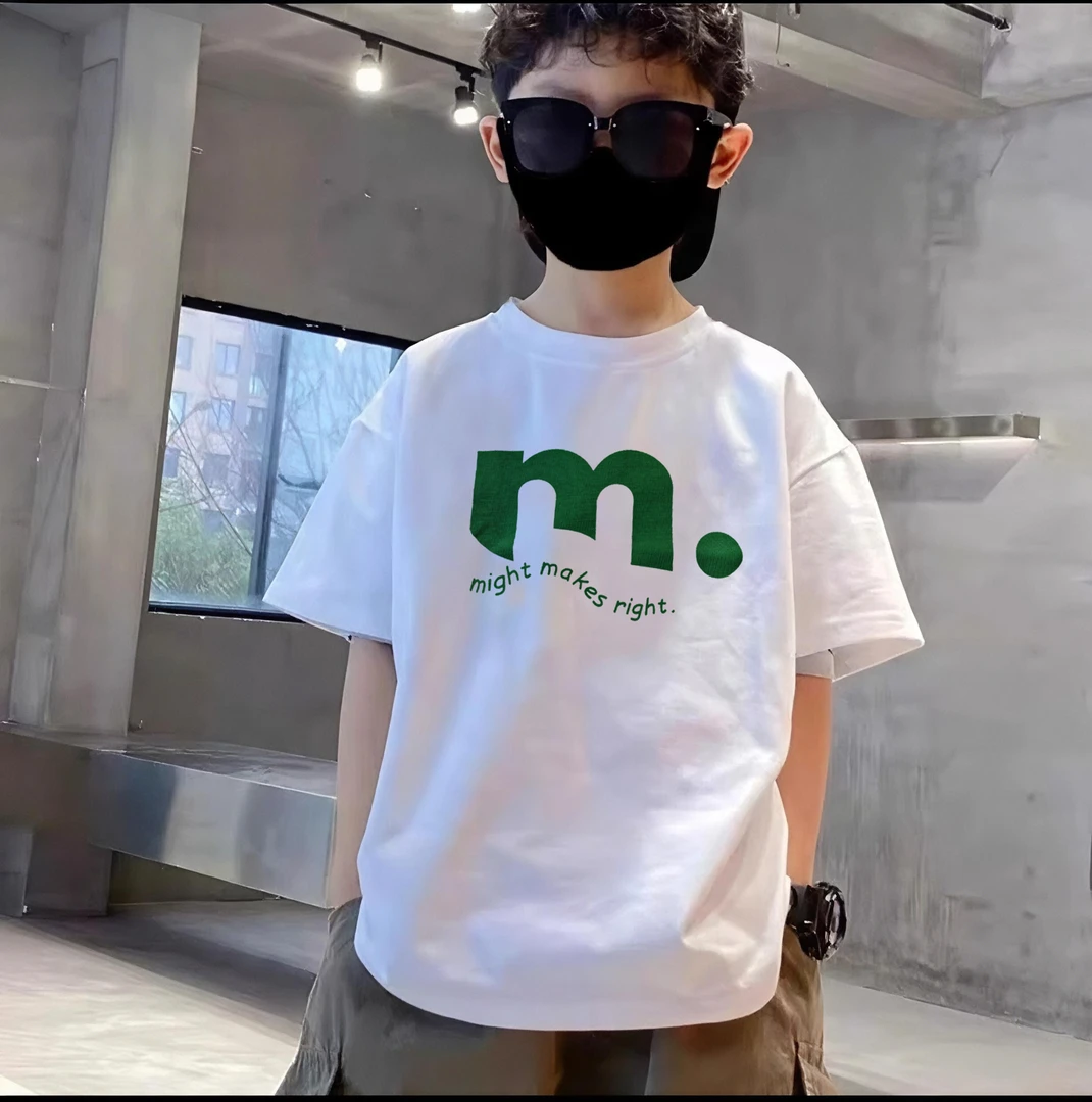 男童纯棉白色t恤夏季儿童简约宽松潮流休闲百搭圆领印花短袖