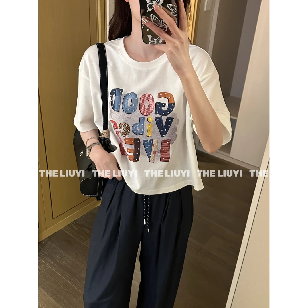 【LIUYI】缤纷夏日～新款绣珠字母蕾丝拼接T恤56031